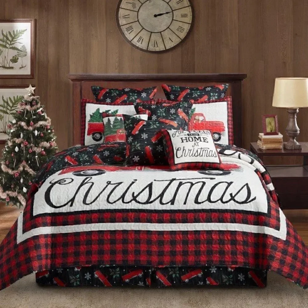 NEW! Farmhouse Old Red Truck Buffalo Plaid Quilt Set Country Christmas Tree Farm